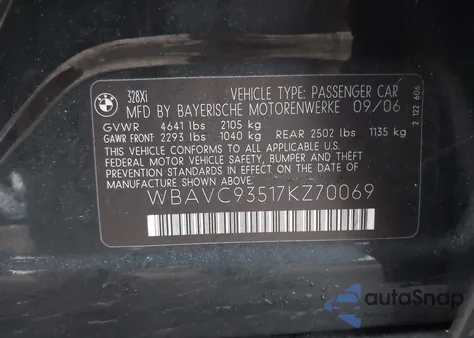 2007 BMW 328Xi from USA, damaged, VIN WBAVC93517KZ70069